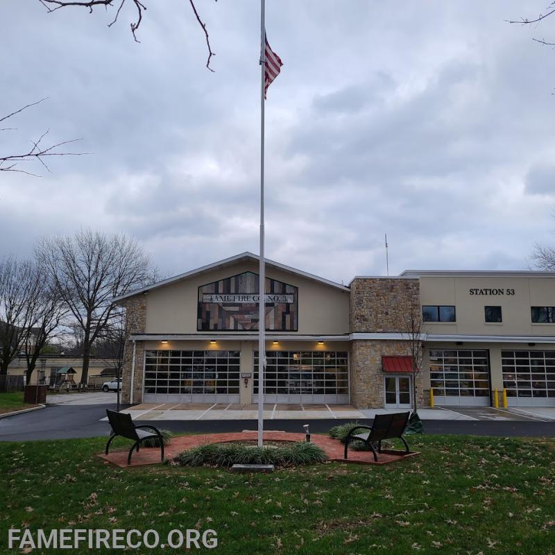 Fame's new flag pole garden. Consider purchasing a customized brick to show your support. Special thanks to JHL Landscape for enhancing our firehouse's landscape.