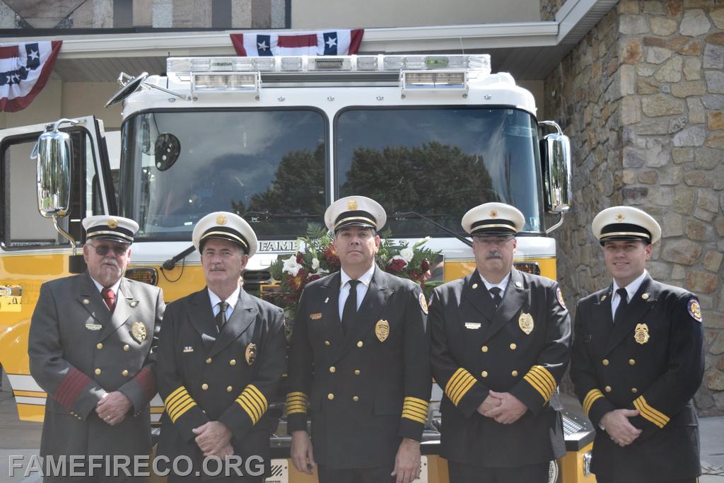 From left to right: Past WCFD Fame Chiefs Robert Brice Sr (1983-1986), Kevin Corcoran (1998-1999), Mark McCarthy (2006-2008), and Mike McDonald (2015-2017) with Fame Assistant Chief Mark Scanlon.
